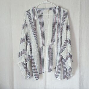 Sim & Sam White Striped Kimono Sleeve Open Front Cardigan Size L/XL